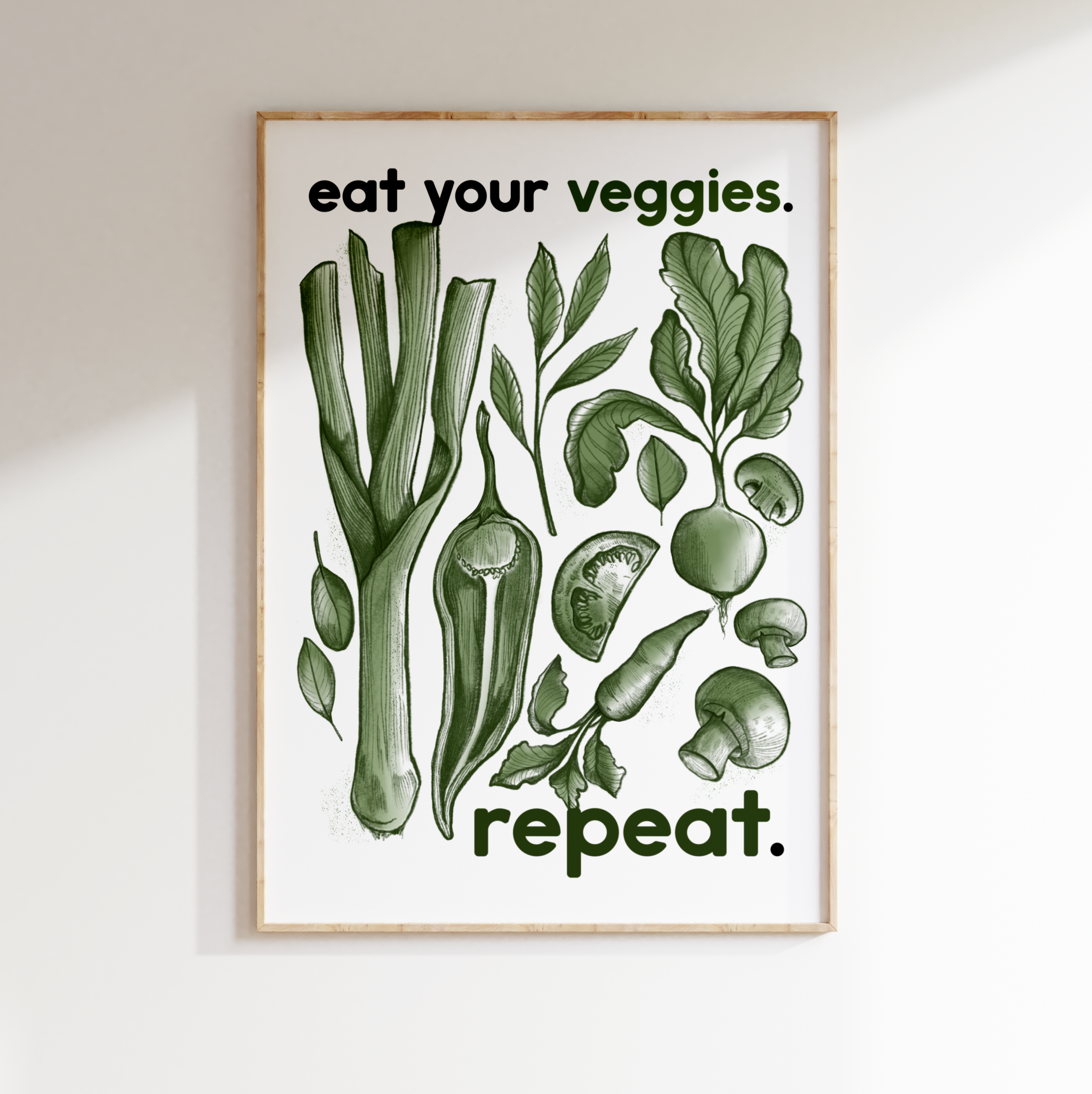 Stampa Essential in formato A5: "Eat your veggies, repeat".