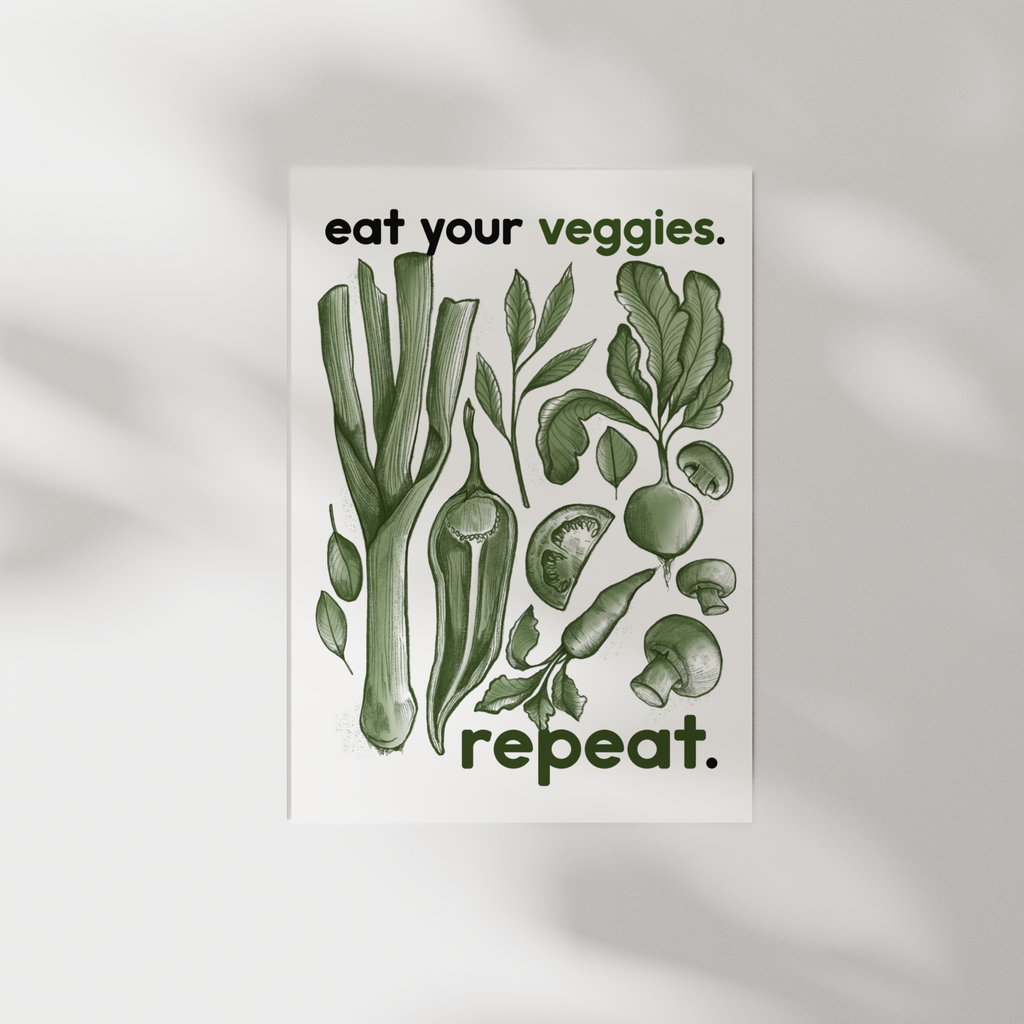 Stampa Essential in formato A5: "Eat your veggies, repeat".