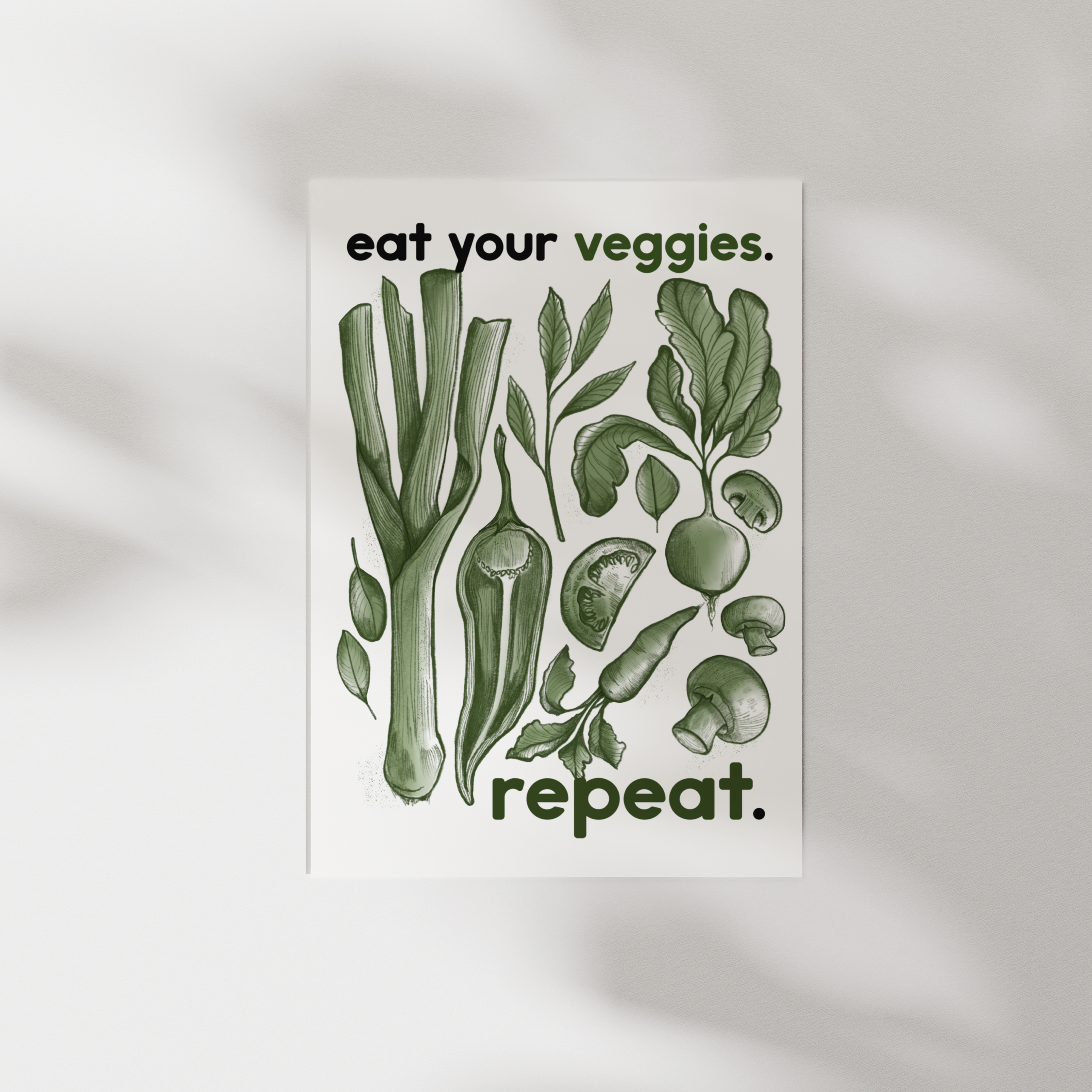 Stampa Essential in formato A5: "Eat your veggies, repeat".
