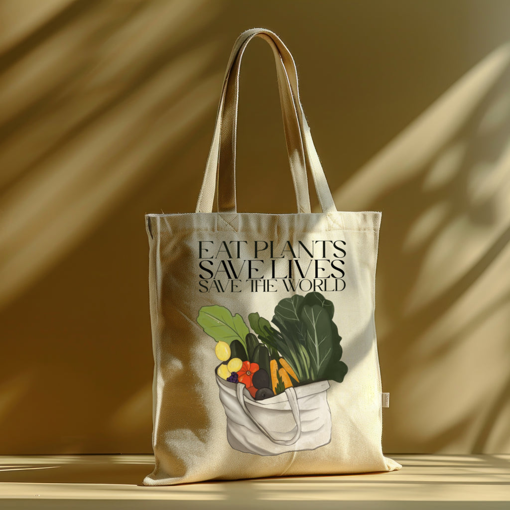 Borsa Shopper in cotone "Eat plants, save lives, save the world", Tote bag