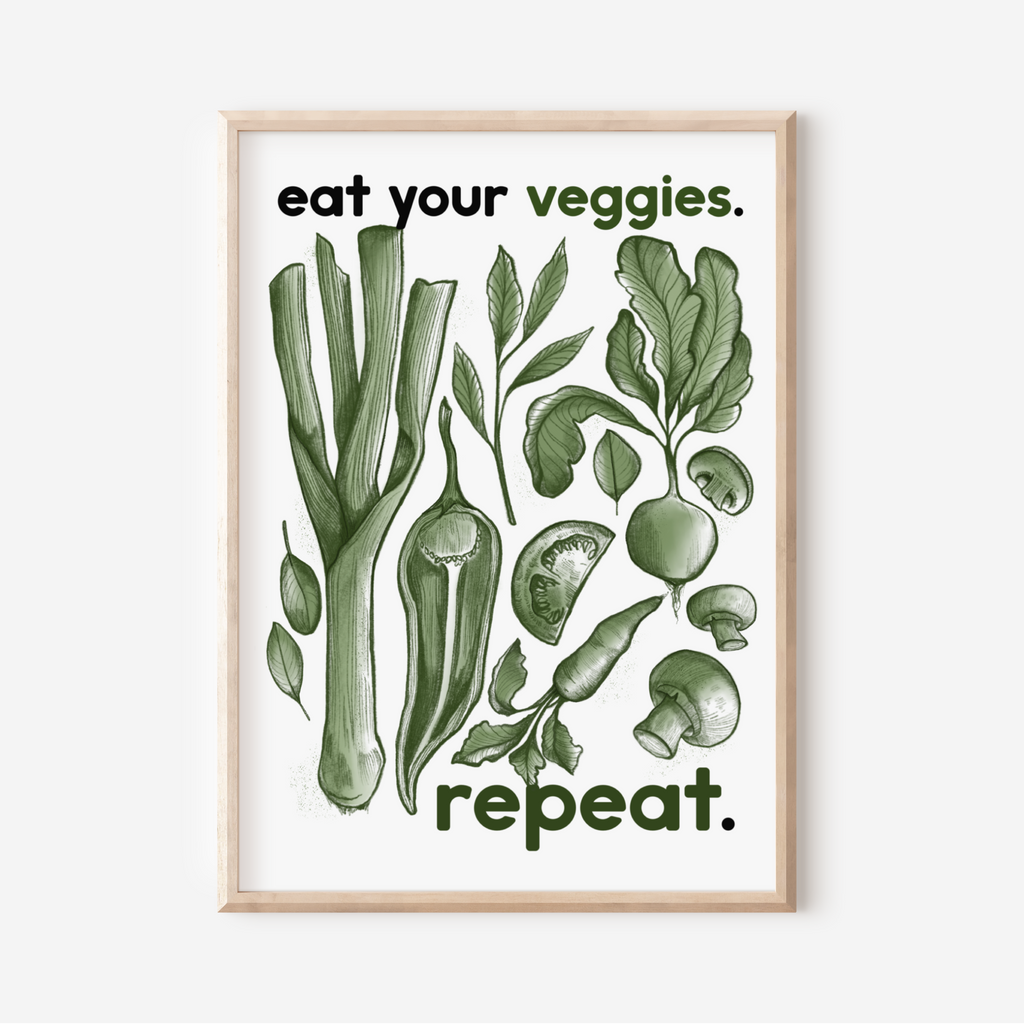 Stampa Essential in formato A5: "Eat your veggies, repeat".