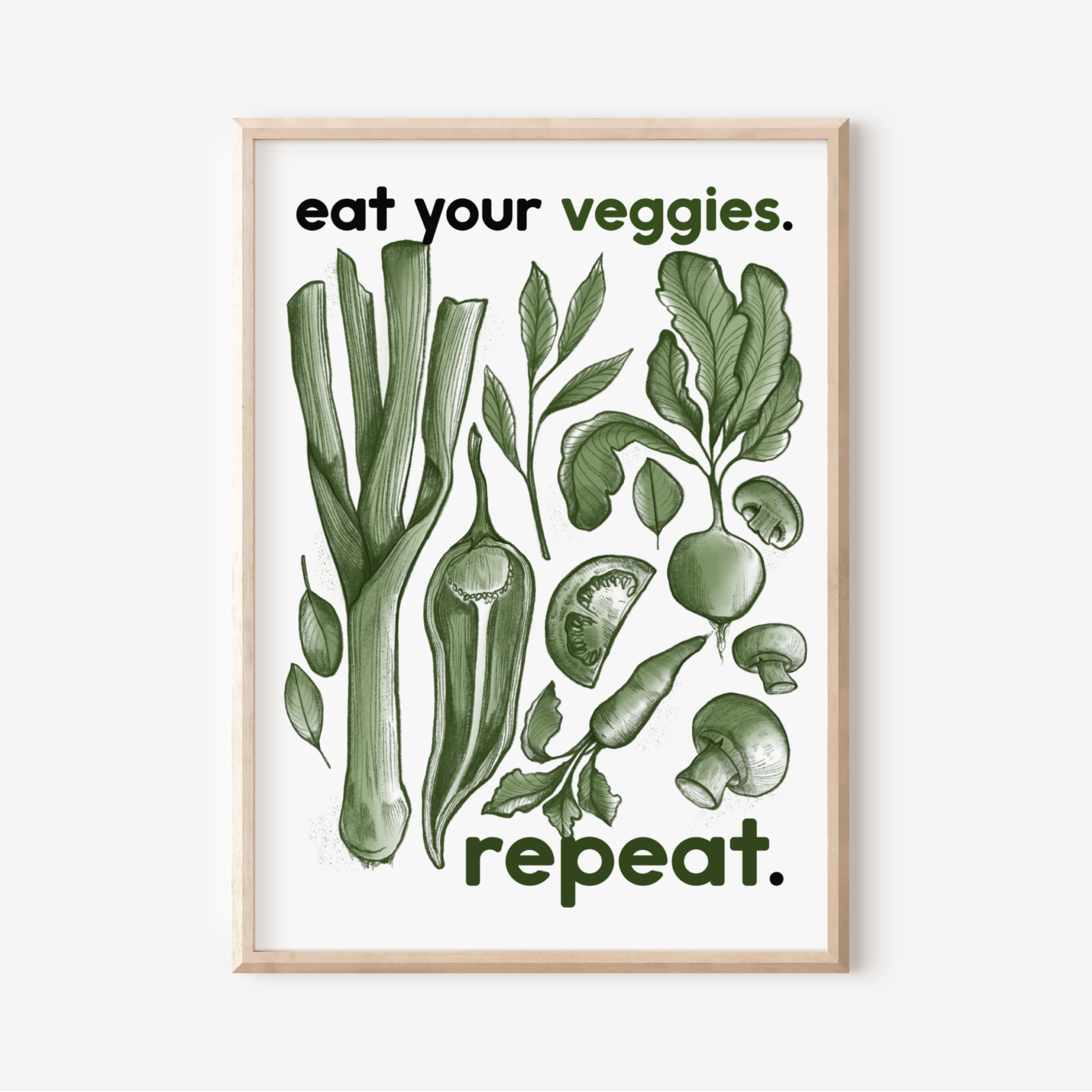 Stampa Essential in formato A5: "Eat your veggies, repeat".