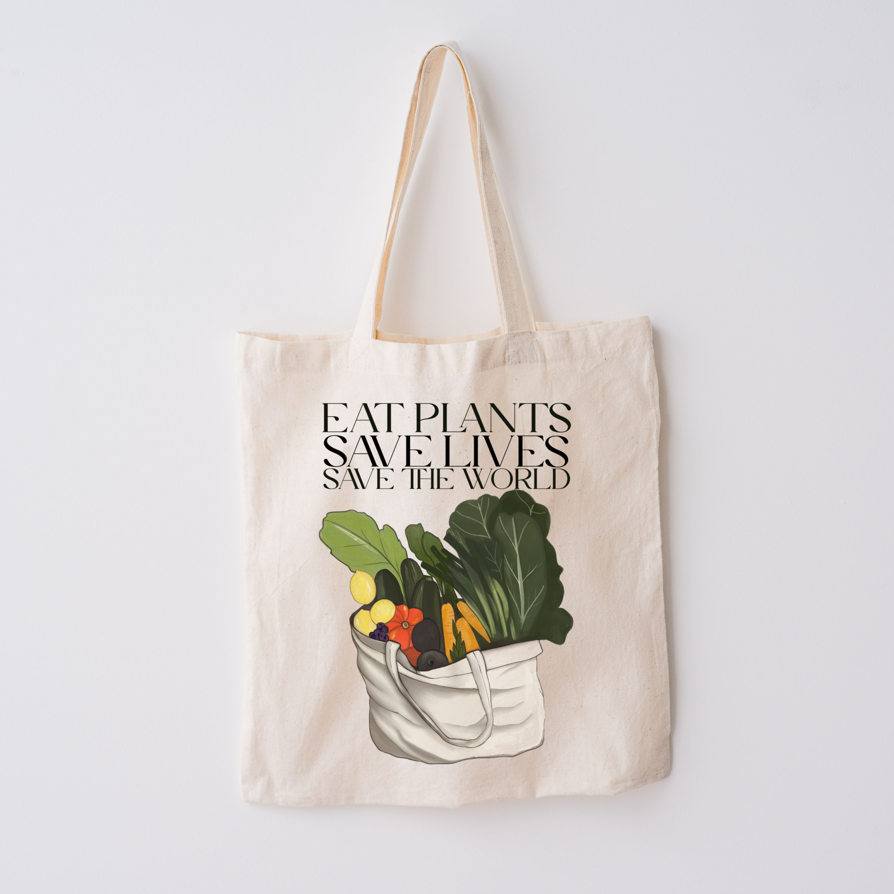 Borsa Shopper in cotone "Eat plants, save lives, save the world", Tote bag