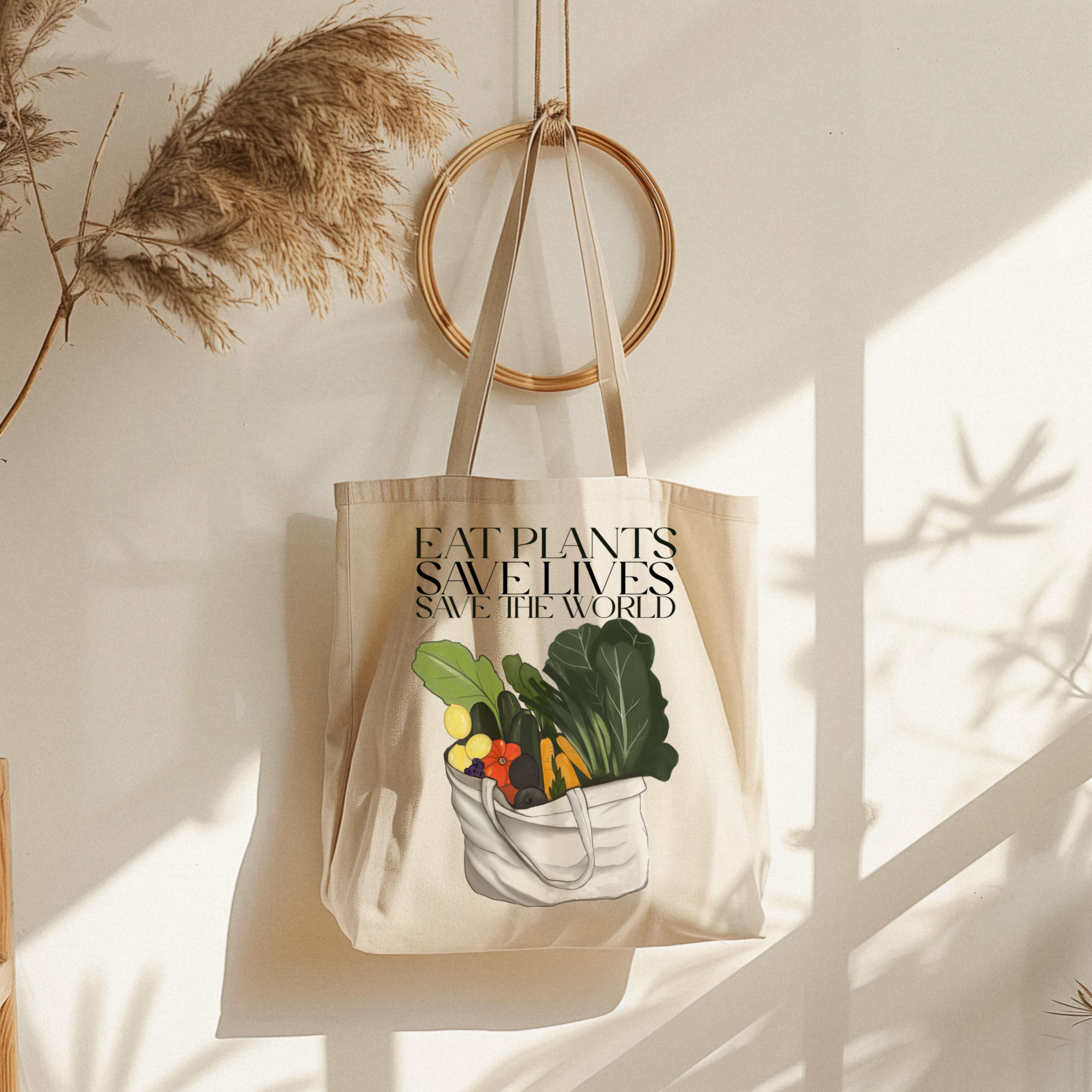Borsa Shopper in cotone "Eat plants, save lives, save the world", Tote bag