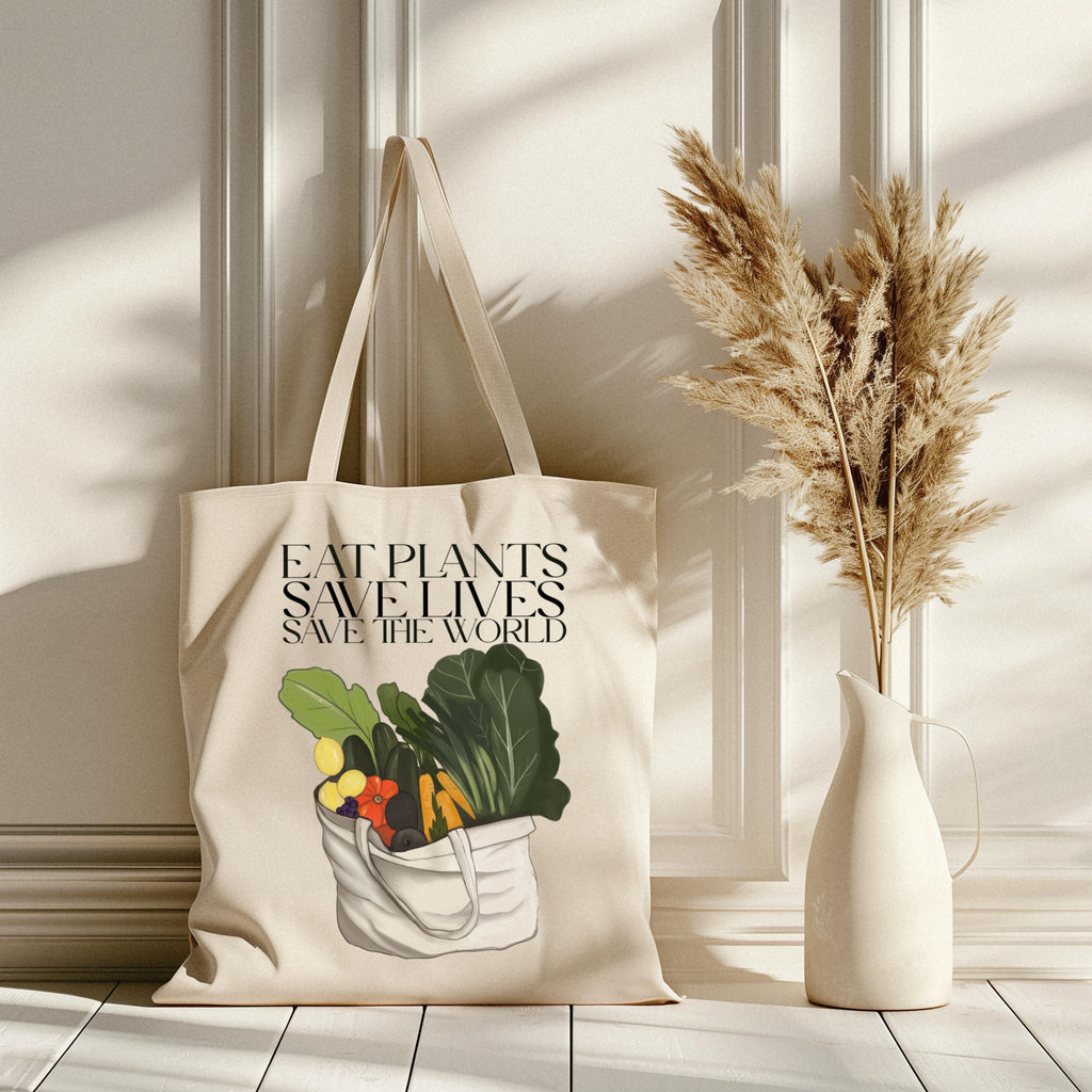 Borsa Shopper in cotone "Eat plants, save lives, save the world", Tote bag