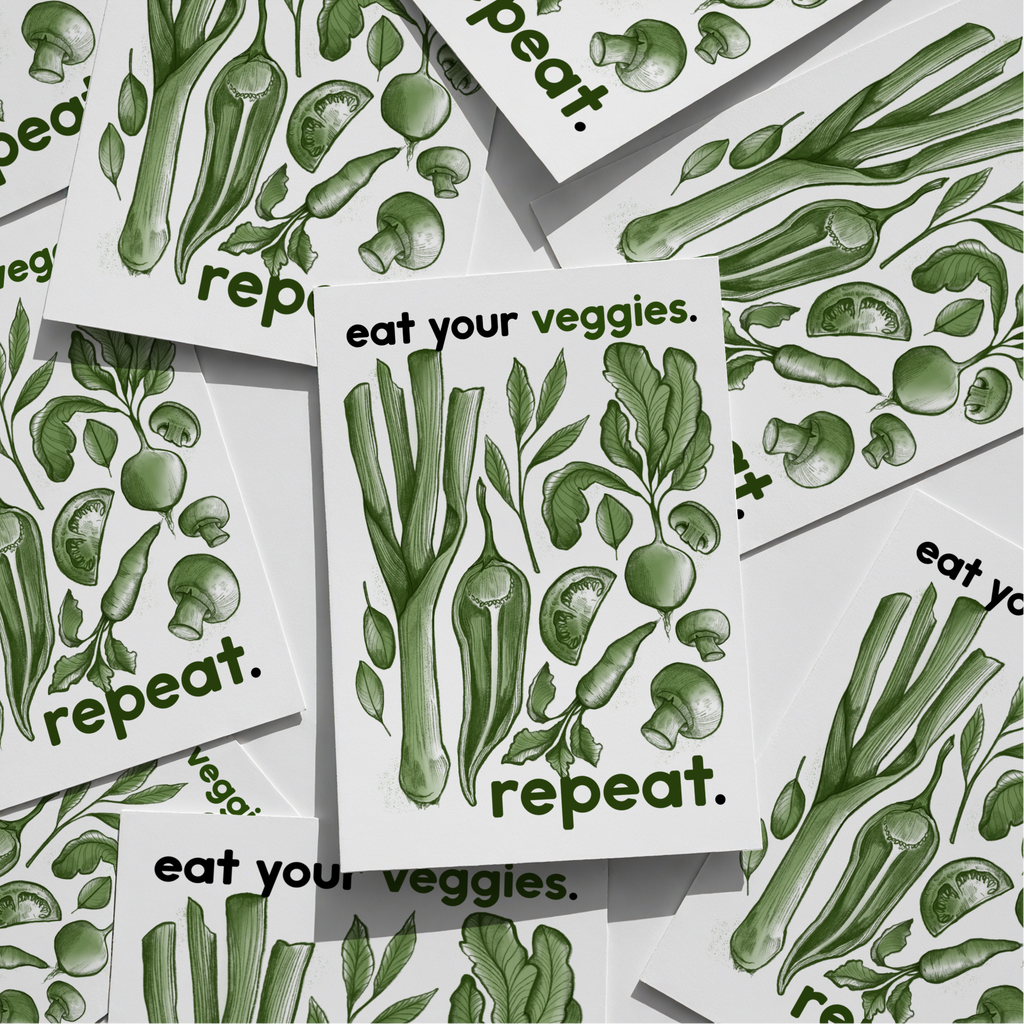Stampa Essential in formato A5: "Eat your veggies, repeat".