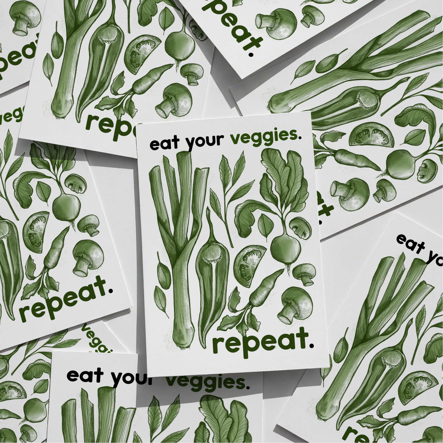 Stampa Essential in formato A5: "Eat your veggies, repeat".
